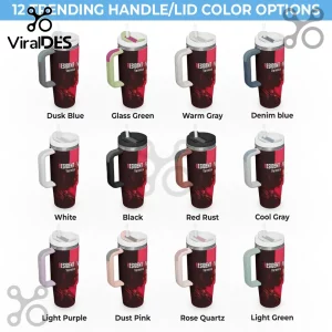 Twelve Resident Evil Code: Veronica stainless steel tumblers with varied handle and lid colors on a white background.!