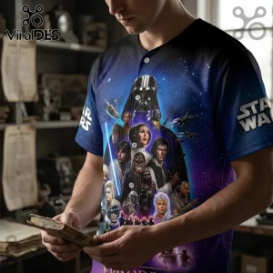 Star Wars button-down jersey featuring Darth Vader, Luke Skywalker, Princess Leia, and Han Solo against a purple space field.!