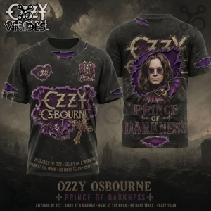 Black Ozzy Osbourne T-shirt with purple claw-mark distressed graphics, bat illustrations, and song titles listed below.!