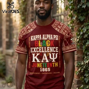 Man wearing crimson Kappa Alpha Psi t-shirt featuring Black Excellence, Juneteenth 1865, and Greek lettering graphics.!