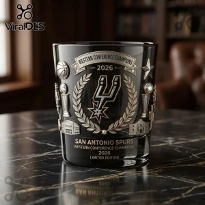 Black glass tumbler featuring a 3D metallic San Antonio Spurs logo, Western Conference Champions 2026 text, and trophies.!