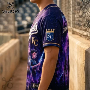 Kansas City Royals baseball jersey with purple anime-style graphics, blue KC crown sleeve patch, and button-up front.!