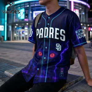 San Diego Padres baseball jersey with purple lightning, glowing red cat eyes, and Japanese kanji graphics on dark fabric.!