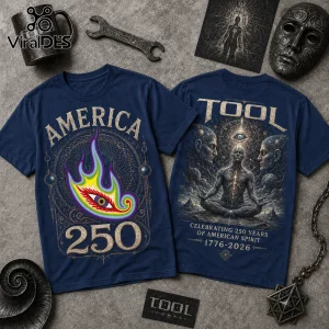 Navy blue Tool band t-shirt with psychedelic eye art, America 250 text, and meditative figures on a textured grey background.!