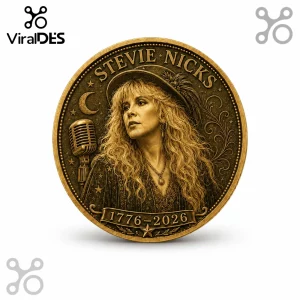 Bronze-colored circular collectible coin featuring a portrait of Stevie Nicks, a microphone, moon, and text 1776-2026.!