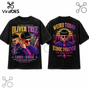Black acid-wash t-shirt with Oliver Tree graphics, yellow and purple text, and sunset design on front and back.!