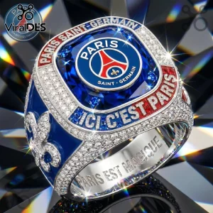 Paris Saint-Germain championship style ring with blue sapphire center, clear pavΓ© diamonds, and Ici C'est Paris engraving.!