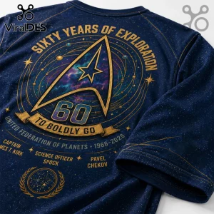 Navy blue Star Trek 60th anniversary t-shirt featuring a gold delta insignia, space nebula print, and retro crew names.!