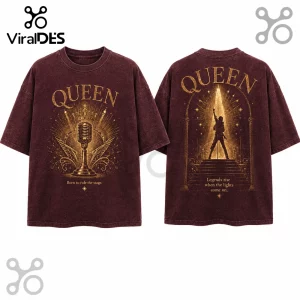 Maroon vintage wash T-shirt featuring gold Queen band graphics, a vintage microphone front, and Freddie Mercury back.!
