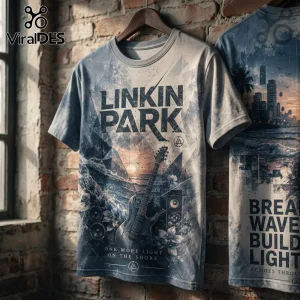 Linkin Park graphic t-shirt featuring a guitar, shoreline sunset, speakers, and text One More Light On The Shore.!