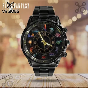 Black stainless steel analog watch featuring a Final Fantasy summon character dial, gold Roman numerals, and gold hands.!