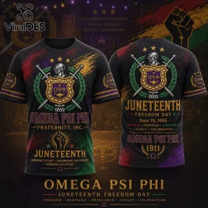Omega Psi Phi Juneteenth black t-shirt with gold fraternity crest, knight helmet, sword, and vibrant purple and green accents.!