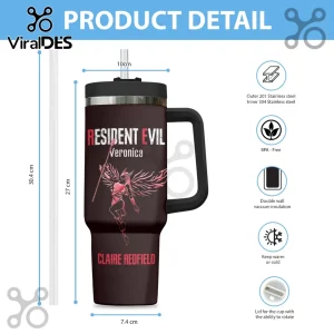 Resident Evil Code Veronica stainless steel tumbler featuring Claire Redfield graphic, black finish, handle, and straw.!