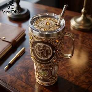 San Diego Padres insulated tumbler with ornate gold filigree, embedded amber rhinestones, SD logo, and Petco Park imagery.!