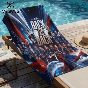 Beach towel featuring a PSG soccer team photo, two championship trophies, and gold Back 2 Back text on a blue background.!
