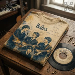 Beige graphic t-shirt featuring The Beatles, song titles, and musical notes printed on a wooden table with a vinyl record.!