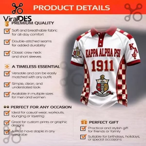 Kappa Alpha Psi polo shirt featuring crimson and white checkered patterns, 1911 text, and official fraternity crests.!