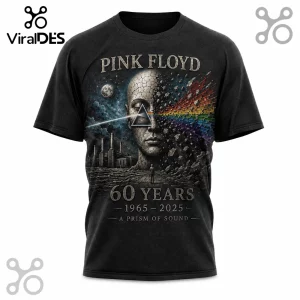 Black graphic t-shirt featuring Pink Floyd 60th anniversary artwork with a stone face, prism light, and factory silhouette.!