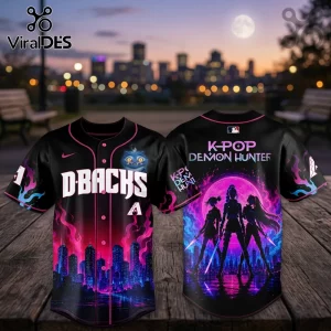 Black Arizona Diamondbacks baseball jersey featuring neon pink city skyline, K-Pop Demon Hunter graphics, and cat icon.!