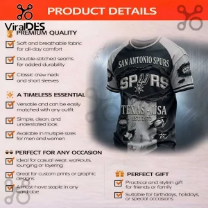 San Antonio Spurs graphic t-shirt featuring a distressed rip effect, black and grey tones, and Texas basketball branding.!
