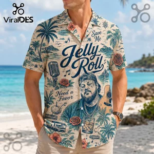 Jelly Roll button-down shirt with vintage tropical pattern, singer portrait, microphone, guitar, and song title graphics.!