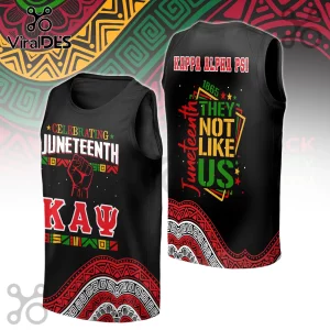 Black tank top with Juneteenth and Kappa Alpha Psi text, red, green, and yellow patterns, and a fist graphic.!