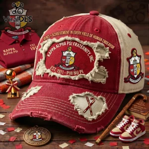 Distressed red and beige Kappa Alpha Psi fraternity baseball cap with embroidered crest, cane icon, and founding date.!