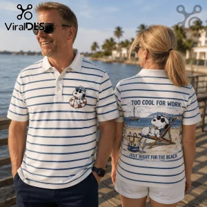 White and blue striped polo shirts with Snoopy wearing sunglasses on a beach. Back text reads Too Cool For Work.!