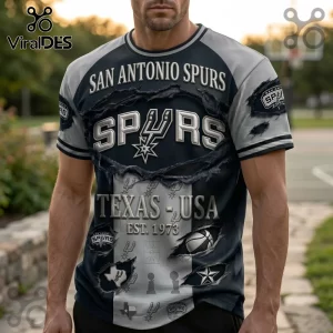 San Antonio Spurs graphic t-shirt in grey and black featuring a 3D rip effect, team logos, and Texas USA est 1973 text.!