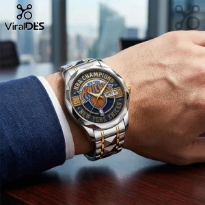 New York Knicks NBA Champions themed silver and gold stainless steel watch with blue dial, basketball graphic, and date.!