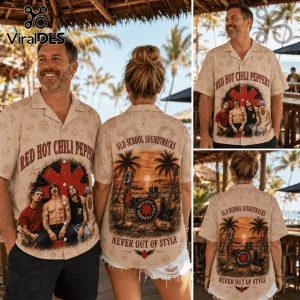 Beige button-up Hawaiian shirt featuring Red Hot Chili Peppers band members on front and beach musical theme on back.!