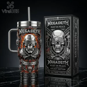 Megadeth Rust In Peace 40oz stainless steel travel tumbler with Vic Rattlehead graphic and matching black gift box.!