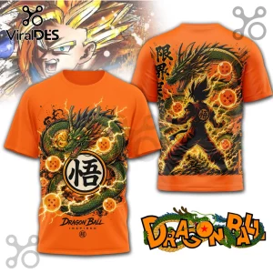 Dragon Ball Z orange t-shirt featuring Shenron dragon, seven stars, and Goku kanji symbol on front and back.!