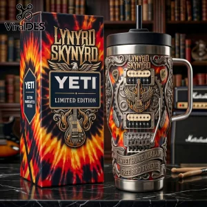 Lynyrd Skynyrd Yeti tumbler featuring guitar hardware, flame patterns, and text reading Sweet Home Alabama and Free Bird.!