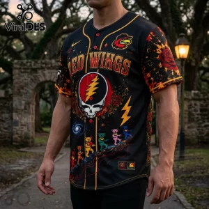 Black button-down baseball jersey featuring Red Wings text, a Grateful Dead lightning skull, and dancing bear graphics.!