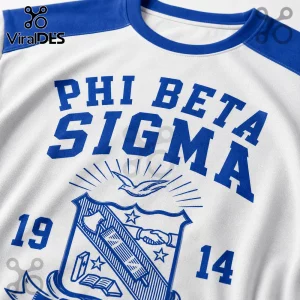Phi Beta Sigma blue and white raglan shirt with fraternity crest, dove, handshake, and the year 1914 printed on front.!