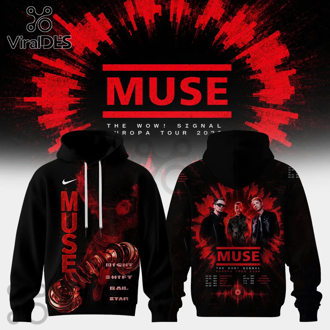 Muse The Wow Signal Europa Tour 2026 Black Cotton Concert Pullover Hoodie Muse The Wow Signal Europa Tour 2026 Black Cotton Concert Pullover Hoodie
