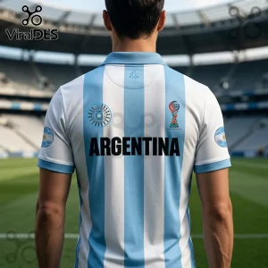 Back view of a person wearing a white and light blue striped Argentina soccer jersey inside a large stadium.!