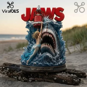 Jaws 50th anniversary resin statue featuring a great white shark and swimmer holding an Amity Island lighthouse buoy.!