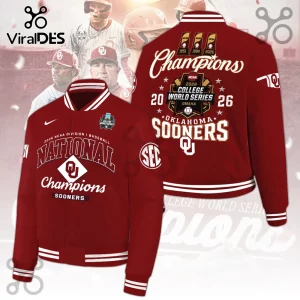 Oklahoma Sooners 2026 NCAA baseball championship red bomber jacket with white striped trim and team championship graphics.!