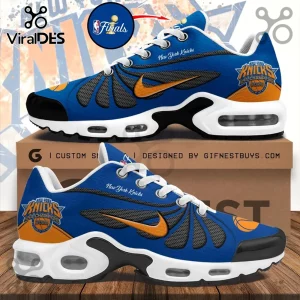 New York Knicks 2026 NBA Champions sneaker in royal blue and orange with white soles and black mesh detailing.!