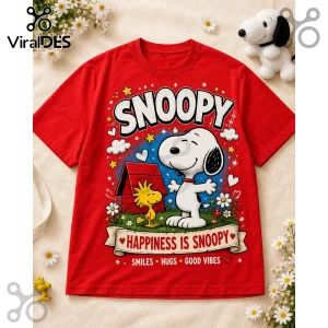 Red T-shirt featuring Snoopy and Woodstock with the text Happiness Is Snoopy, Smiles, Hugs, Good Vibes on a tan background.!