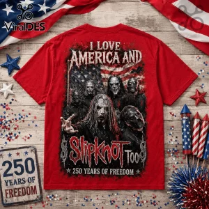 Red Slipknot t-shirt featuring band members in masks, American flag background, and 250 Years of Freedom text.!