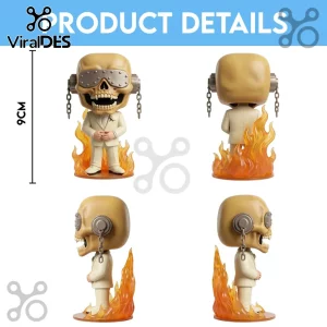 Megadeth Vic Rattlehead vinyl figure wearing a tuxedo with metal goggles, standing on a translucent orange flame base.!