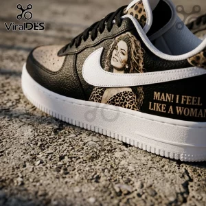 Black and white leather sneaker featuring Shania Twain portrait and Man I Feel Like A Woman text with leopard print accents.!
