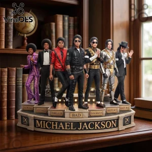 Michael Jackson collectible statue featuring seven eras of the singer on a tiered base against a library background.!