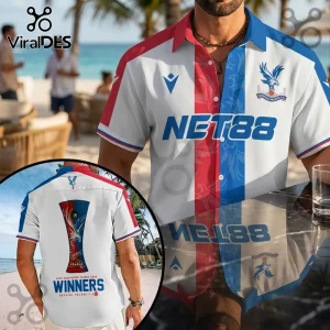 Crystal Palace FC button-down shirt featuring red and blue stripes, NET88 sponsor logo, and commemorative trophy graphics.!