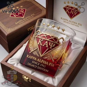 Kappa Alpha Psi whiskey glass in a velvet-lined wooden box featuring a red diamond logo, gold Greek letters, and canes.!