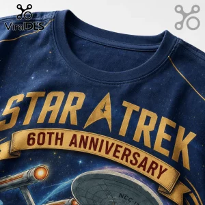 Star Trek 60th anniversary navy blue t-shirt with gold lettering and USS Enterprise starship graphic print.!