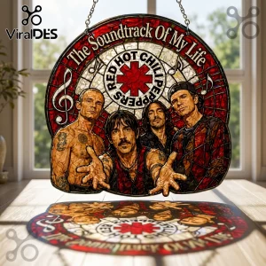 Red Hot Chili Peppers stained glass suncatcher featuring the band members, red border, and music notes.!